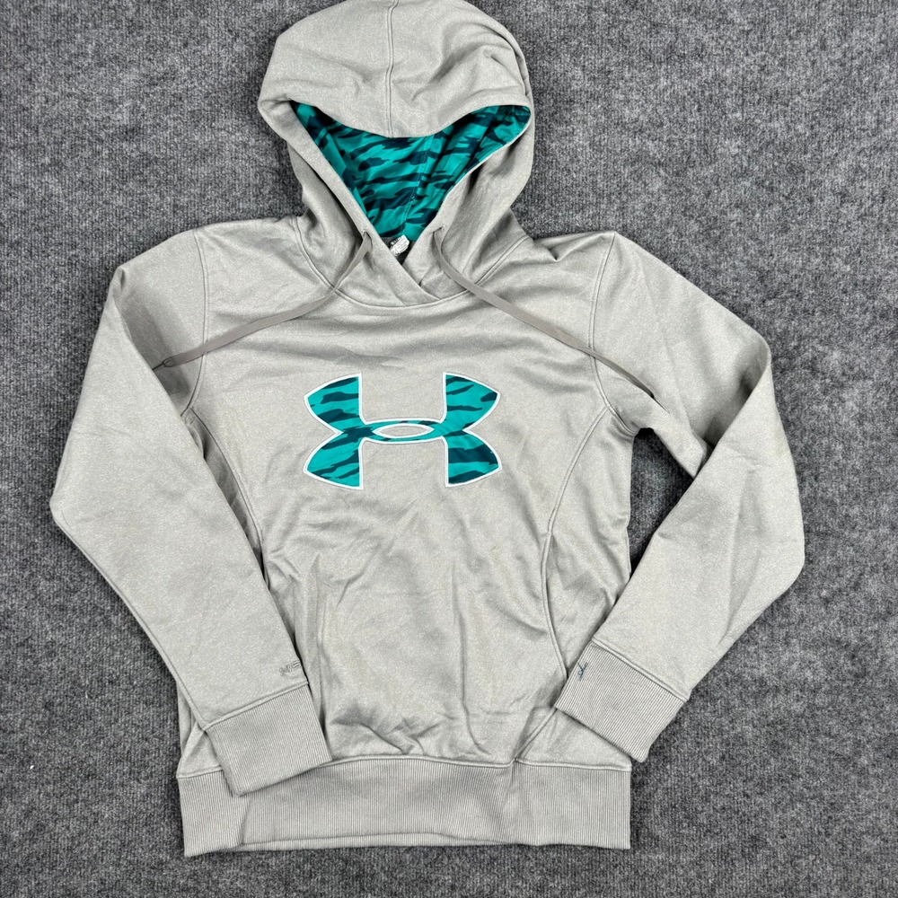 Under Armour Hoodie Womens Size Small Gray ColdGear Camo Logo Pullover Athletic